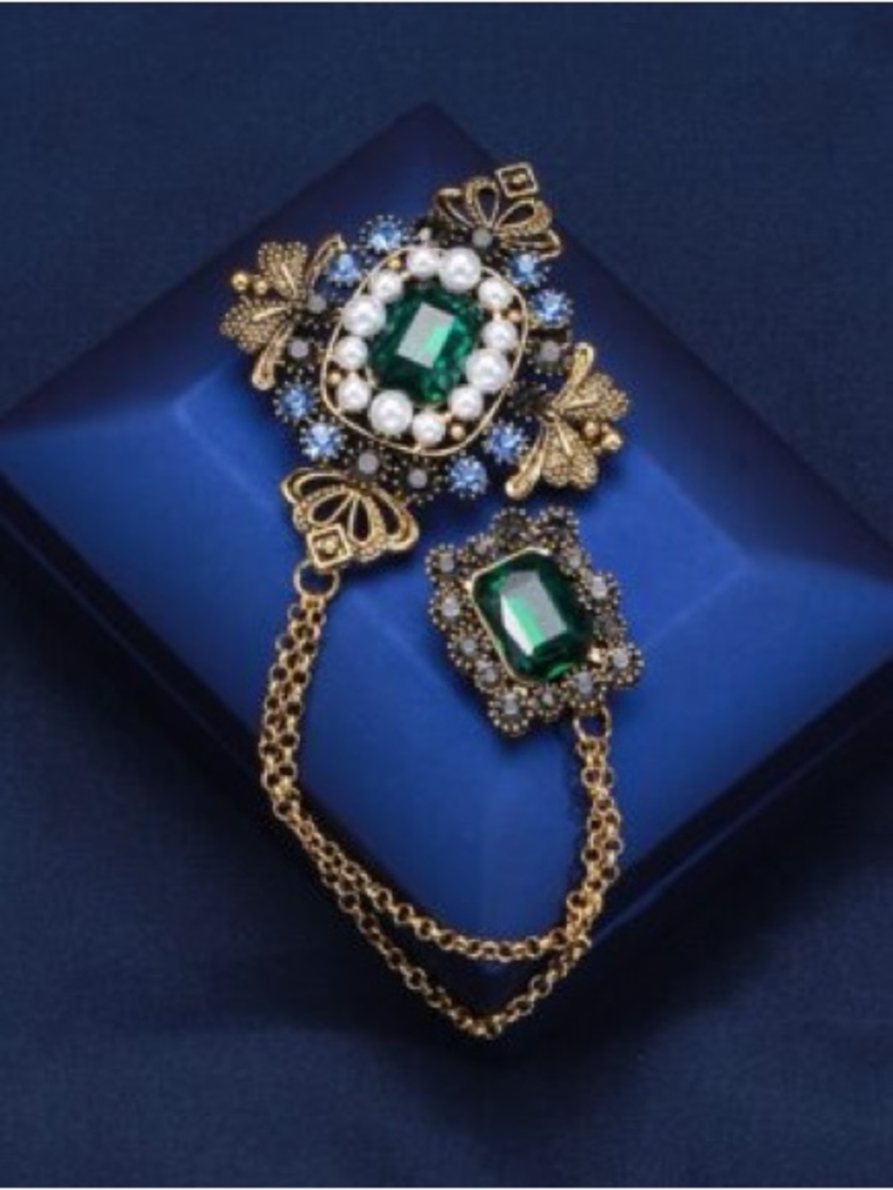 Emerald Green Blazer with Gold and Emerald Brooch